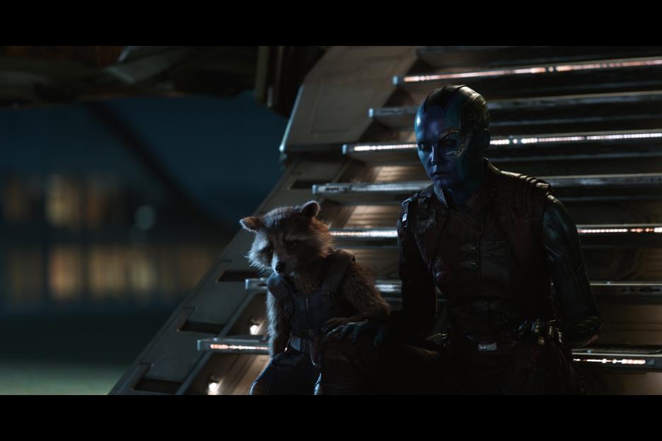 Rocket (voiced by Bradley Cooper) and Nebula (Karen Gillan)