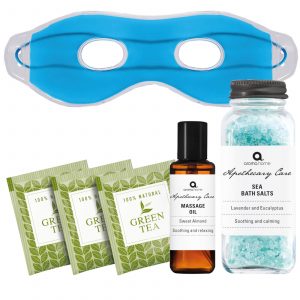 de-stress kit with face mask, bath salts, tea